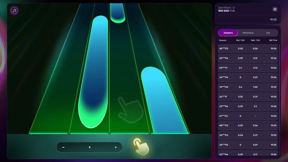 Interface complète de Play Me sur ordinateur : trois pistes, solde FUN, onglets Joueurs, Historique et Top